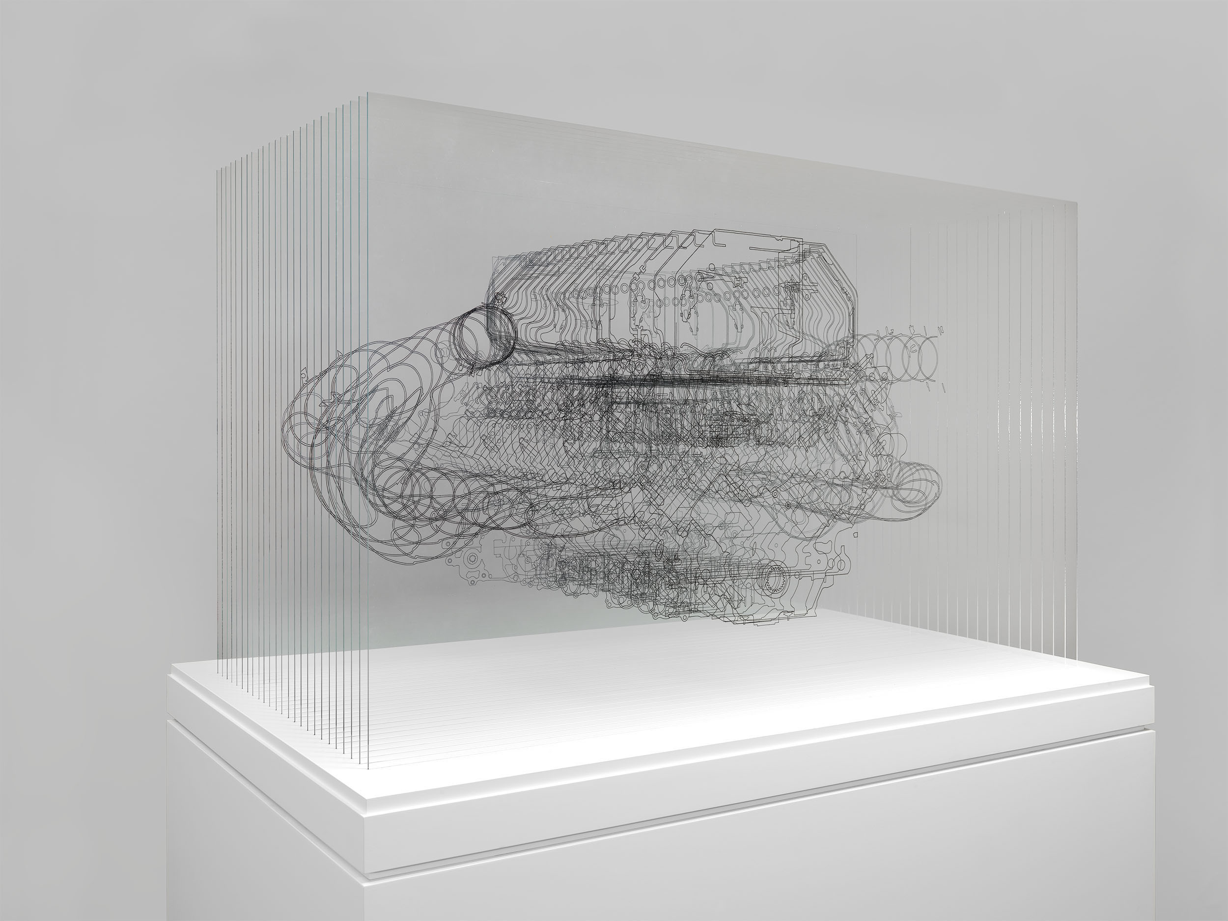 Angela Palmer - Adrenalin - V8 Engine, Ink drawing on 25 sheets of Mirogard glass, 75 x 119 x 72 cm (expo)