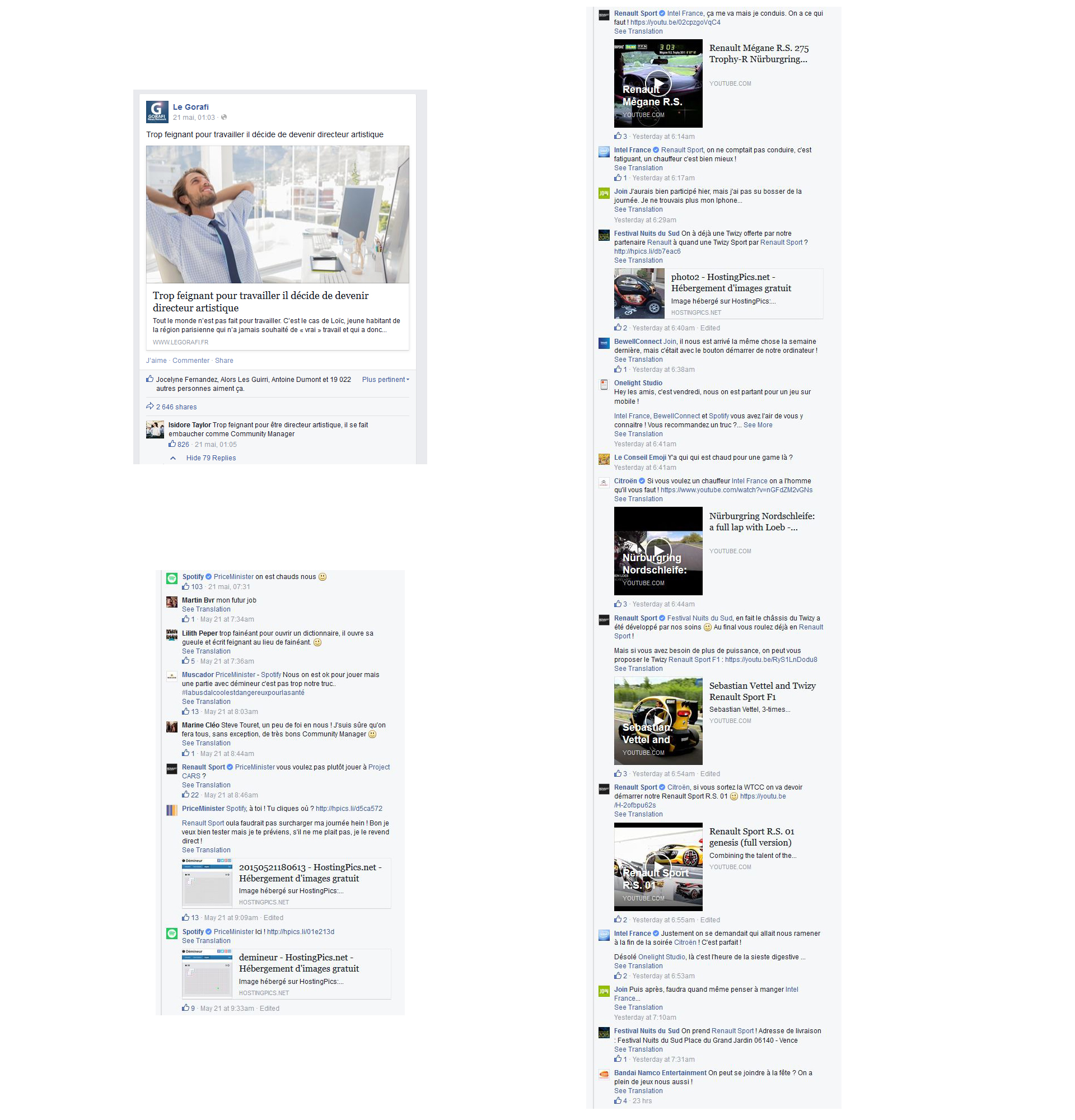 Quand les Community Manager de Renault Sport, Citroën Racing, Intel, Spotify… & cie répondent sur Facebook sur le Gorafi