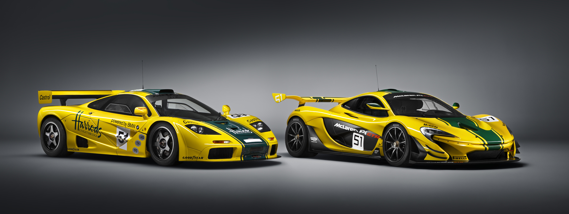 1995 McLaren F1 GTR and 2015 McLaren P1 GTR - profil avant