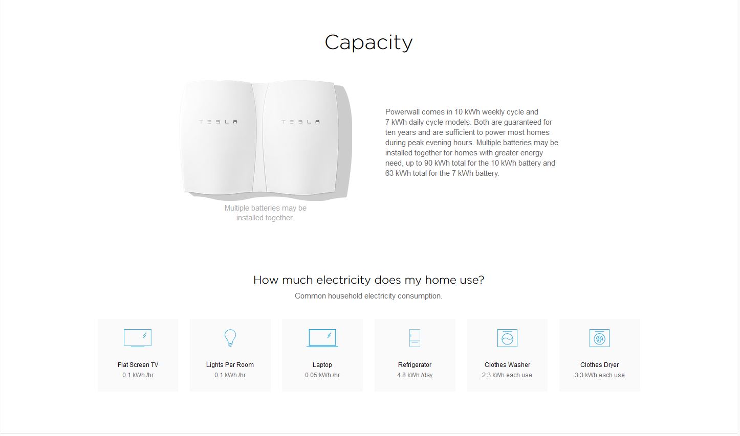 Tesla Powerwall capacity: in 10 kWh weekly cycle and 7 kWh daily cycle models.